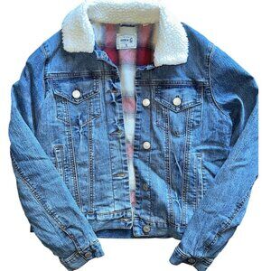 Women's Rockin C Buffalo Plaid Sherpa Collar Denim Jean Jacket size Small